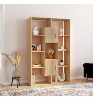 Etagère bibliothèque Faustine effet lattes 11 compartiments 143cm - Brun