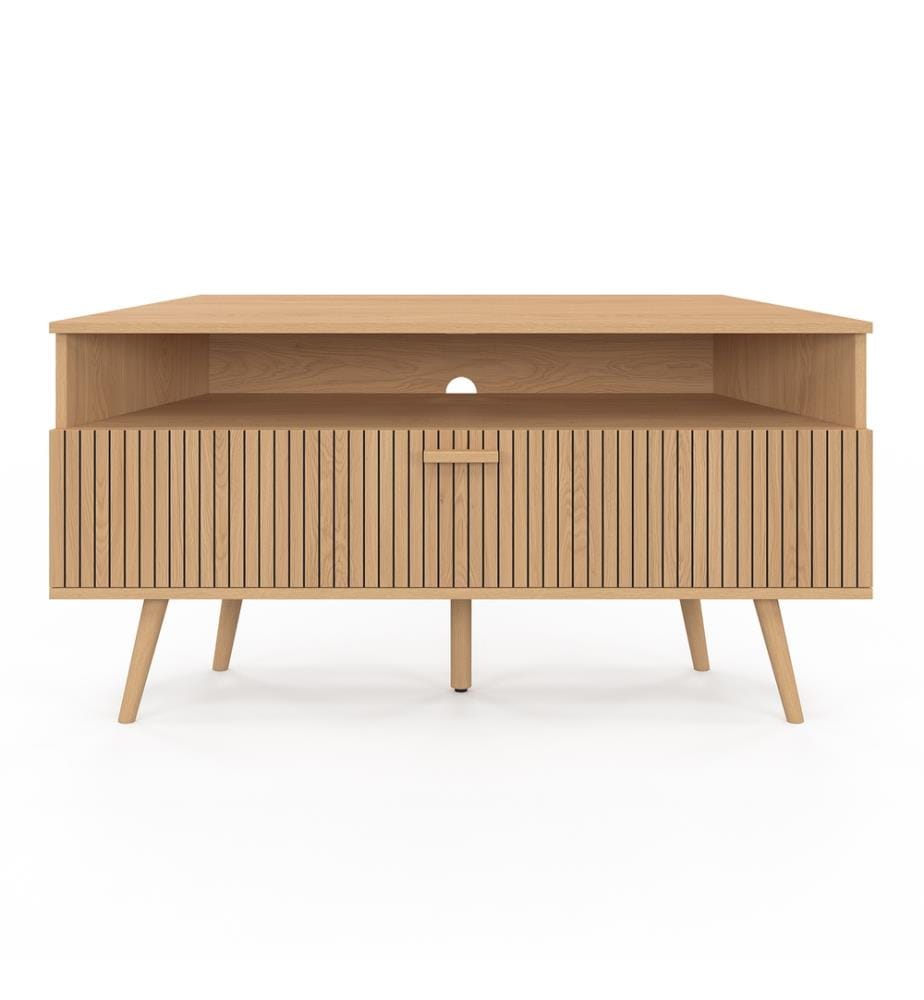Meuble TV d'angle Faustine effet lattes L110cm - Brun