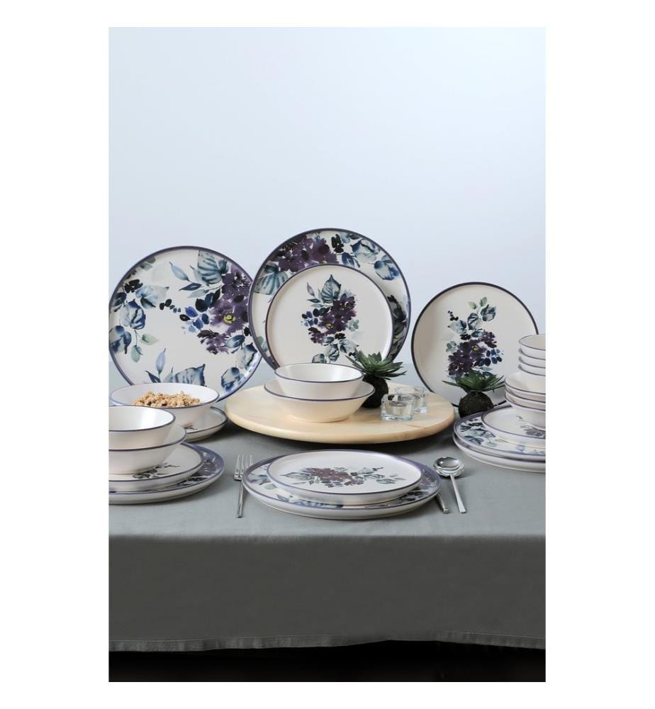 Service de table en céramique (24 pièces) - Blanc, bleu, violet