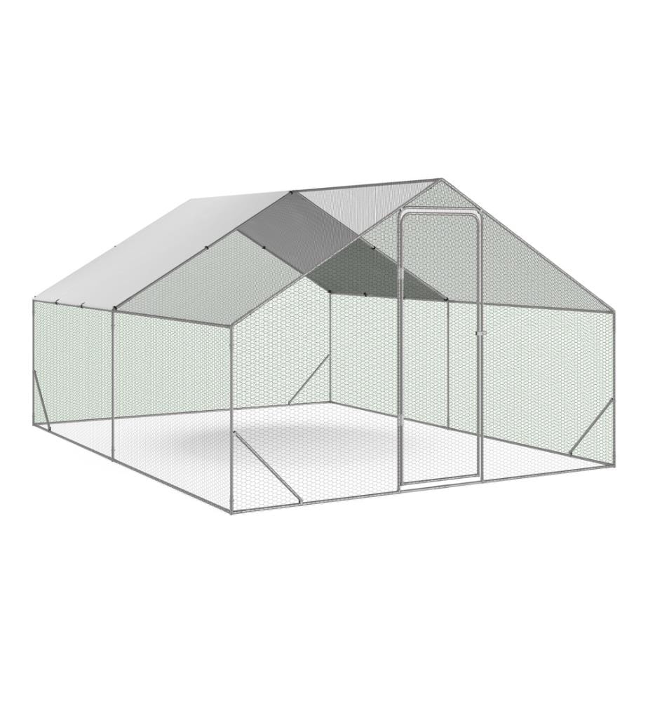 Enclos grillagé pour poules 12m² - 3x4m - Structure grise et grillage vert et filet noir et brise-soleil blanc