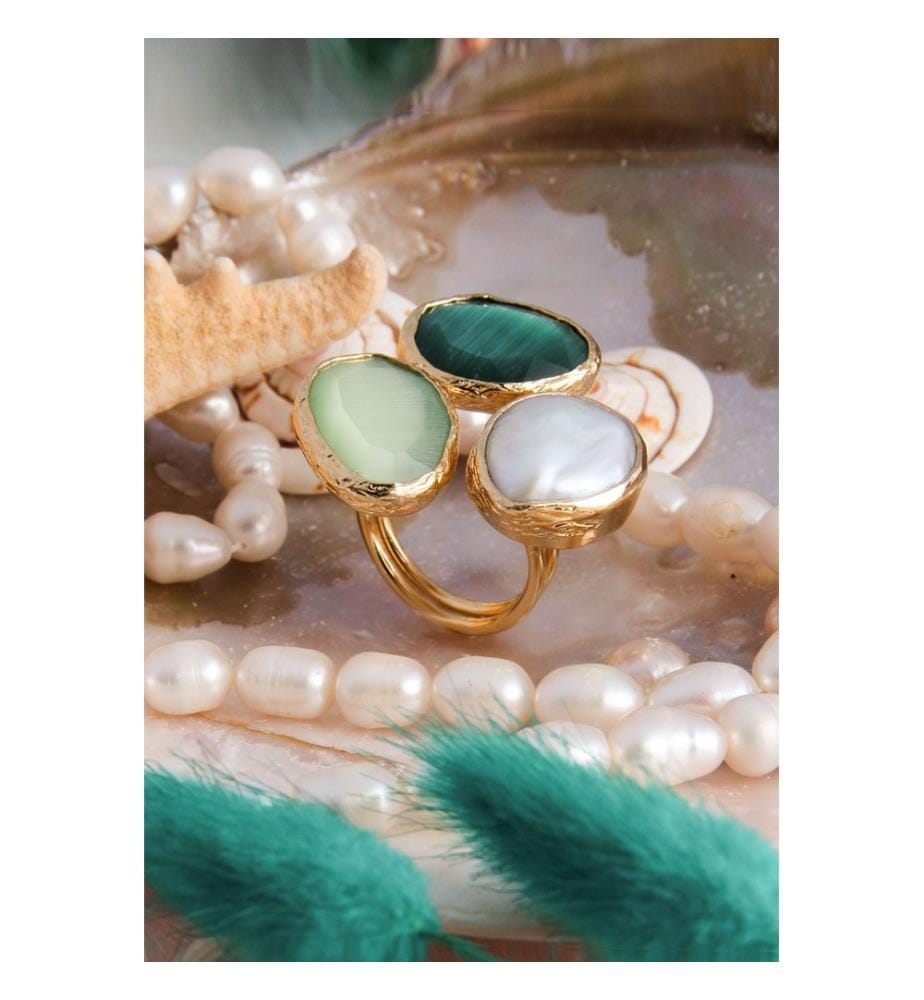Bague Perles et oeil de Chat - Blanc et Vert