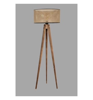 Lampadaire, brun, corps en bois, capuchon en tissu