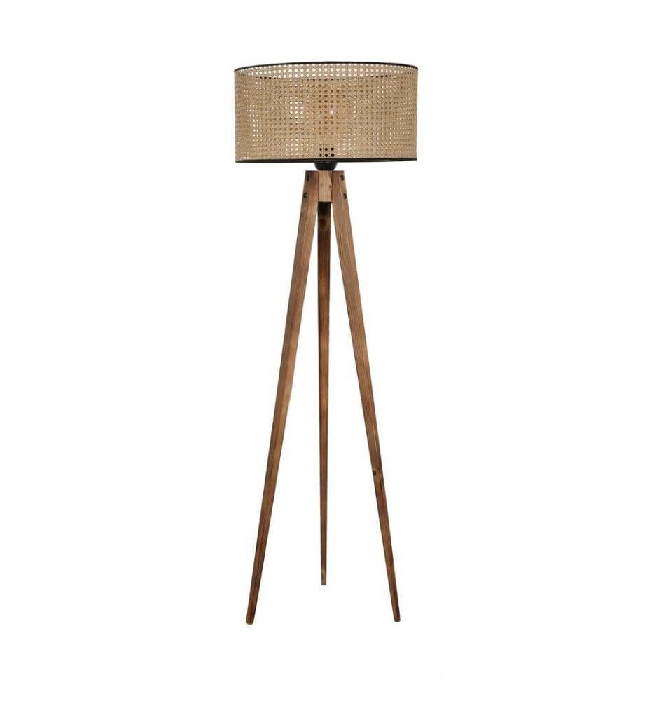 Lampadaire, brun, corps en bois, capuchon en tissu