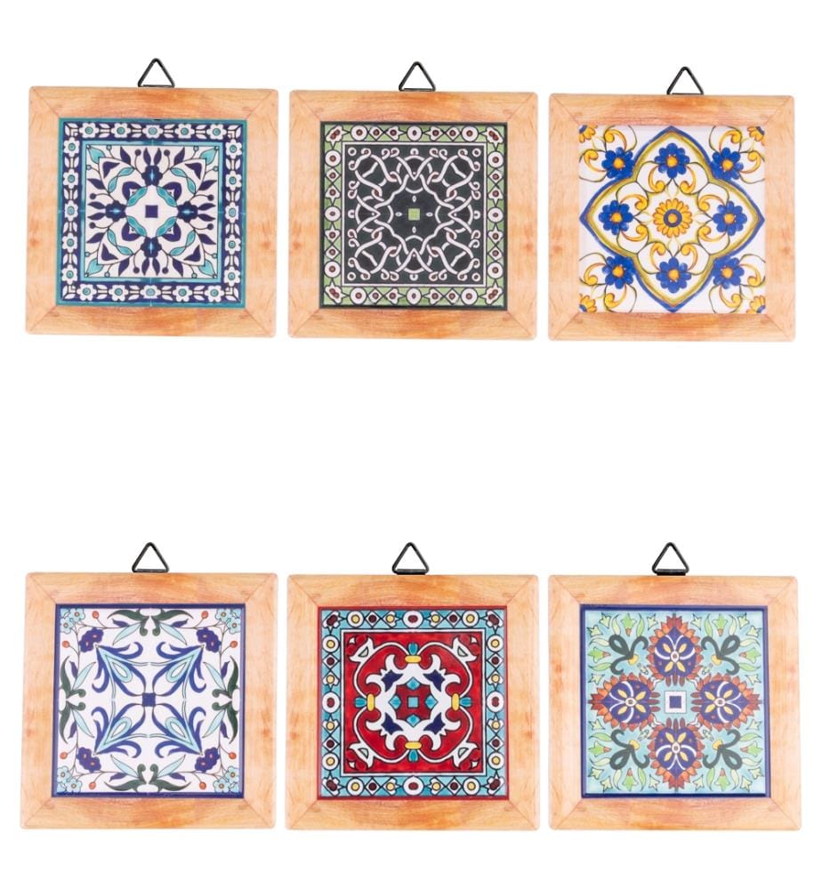 Set 6 Fliesen Maioliche 10,8x10,8 cm mit Halter - Holz/Mehrfarbig