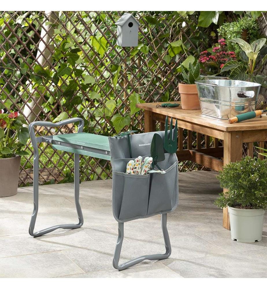 Siège de jardin pliant 3 en 1 avec sac pour outils Situl - Gris et vert