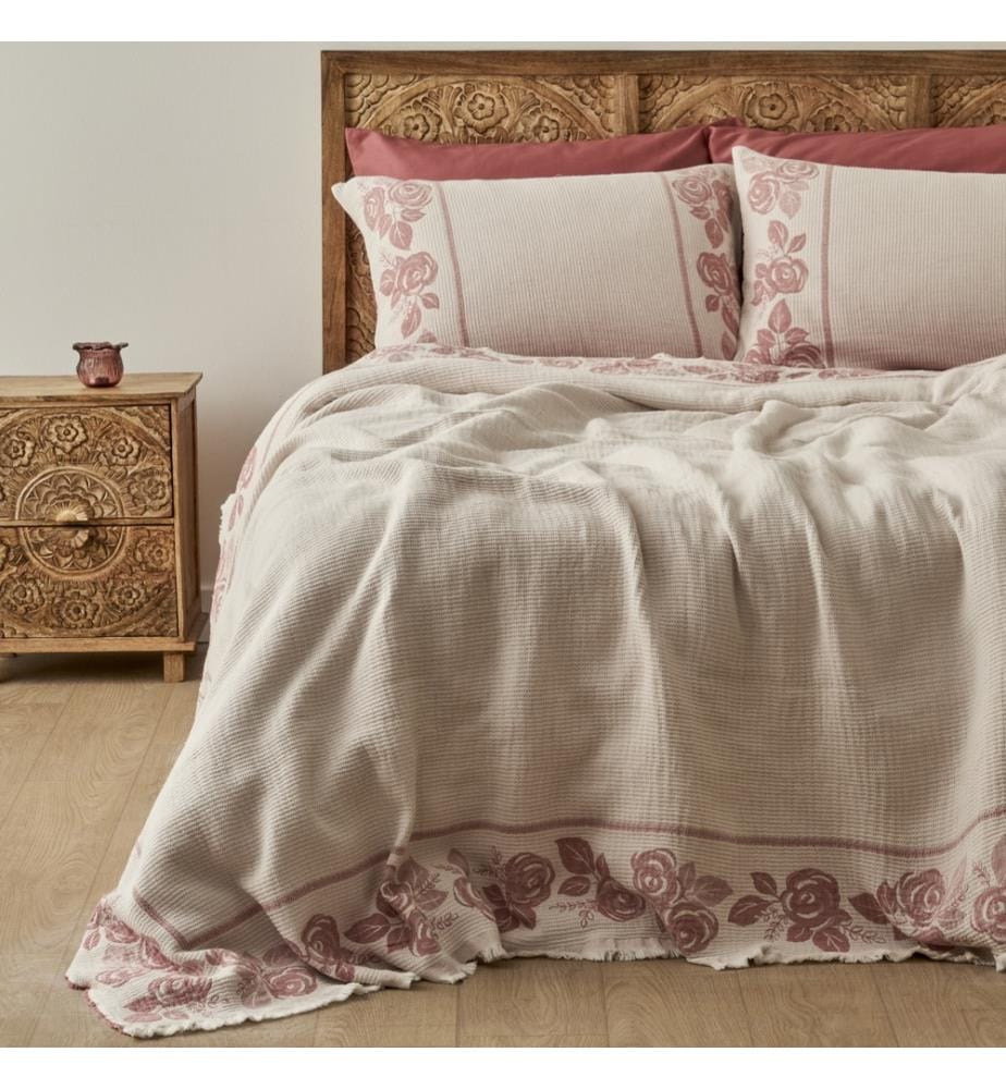 Couvre-lit double jacquard Rose 240x260 cm - Crème