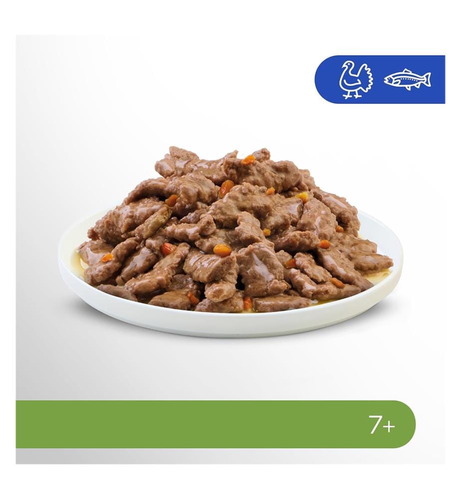 13x - Senior 7+ Cat Food Multipack with Turkey and Carrots, Seafood and Peas in Gravy - 4 x 85 g","detected_source_language":"FR