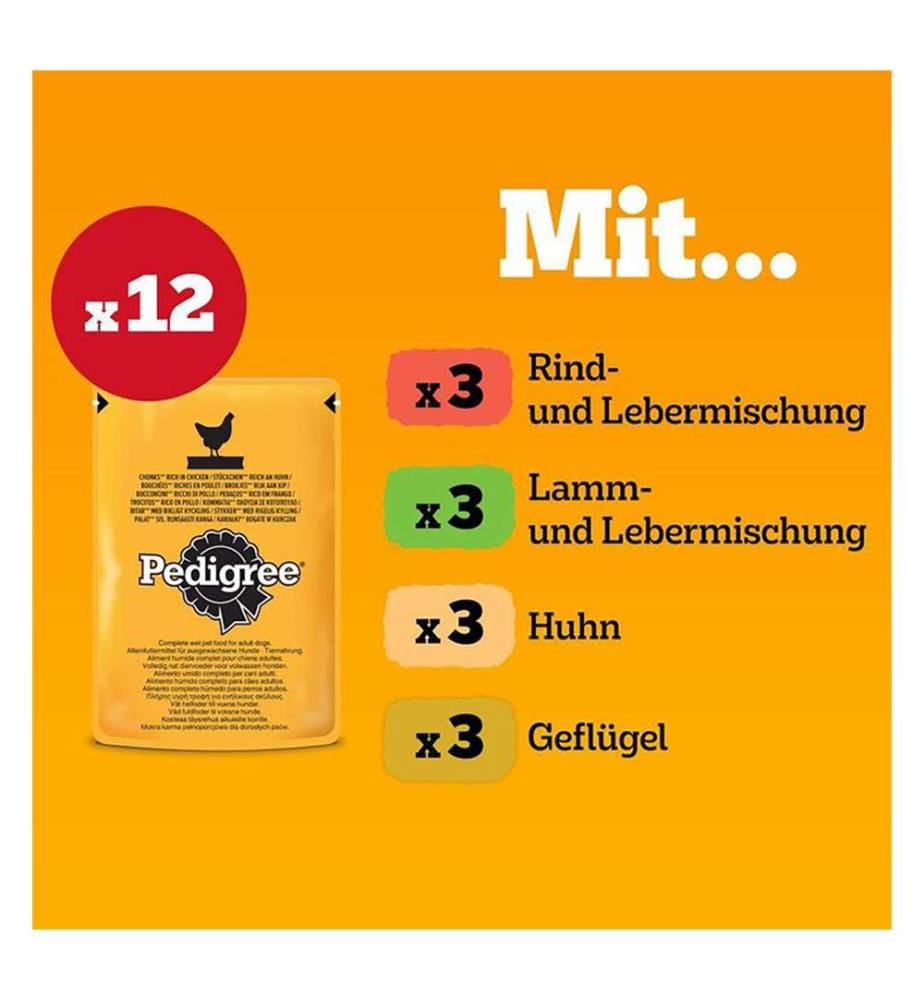 Confezione multipla da 4 per anziani, assortimento di 4 varietà (manzo/fegato, pollo, agnello/fegato, pollame in gelatina) - 12 x 100 g