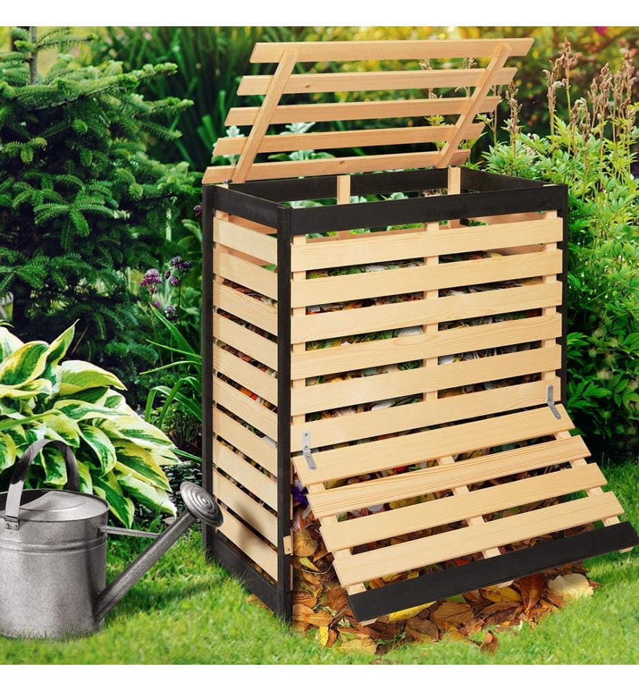 Bidone per compost in legno 360L - Marrone e nero