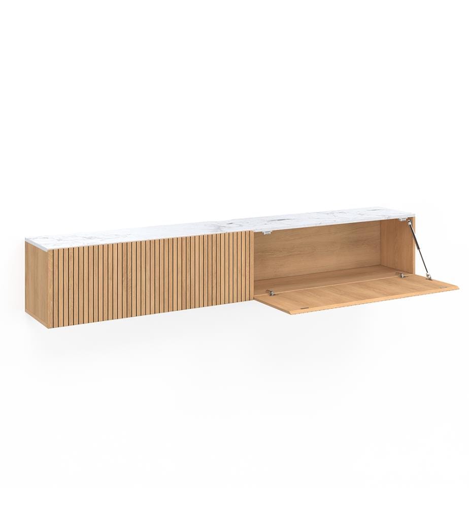 Meuble TV suspendu Marceau L180cm - Brun et effet marbre blanc