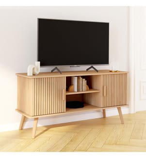Meuble TV Faustine effet lattes 2 portes + étagères L110cm - Brun