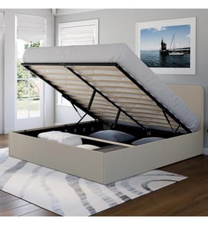 Lit coffre en tissu beige et tête de lit arrondie Louise - 160 x 200 cm