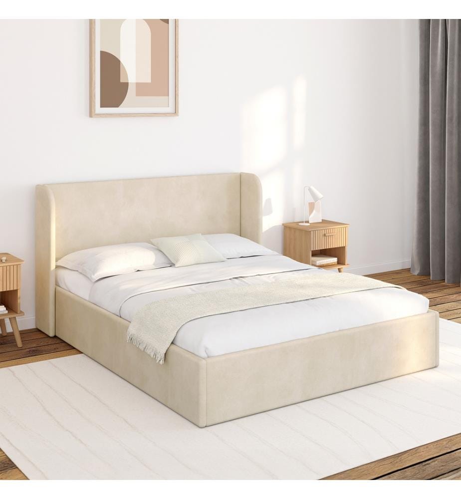 Lit coffre Lucia en velours beige avec sommier et tête de lit 140x190cm
