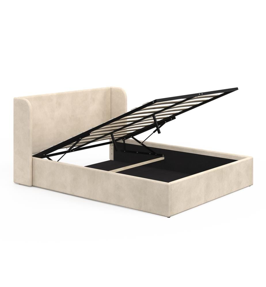 Lit coffre Lucia en velours beige avec sommier et tête de lit 140x190cm