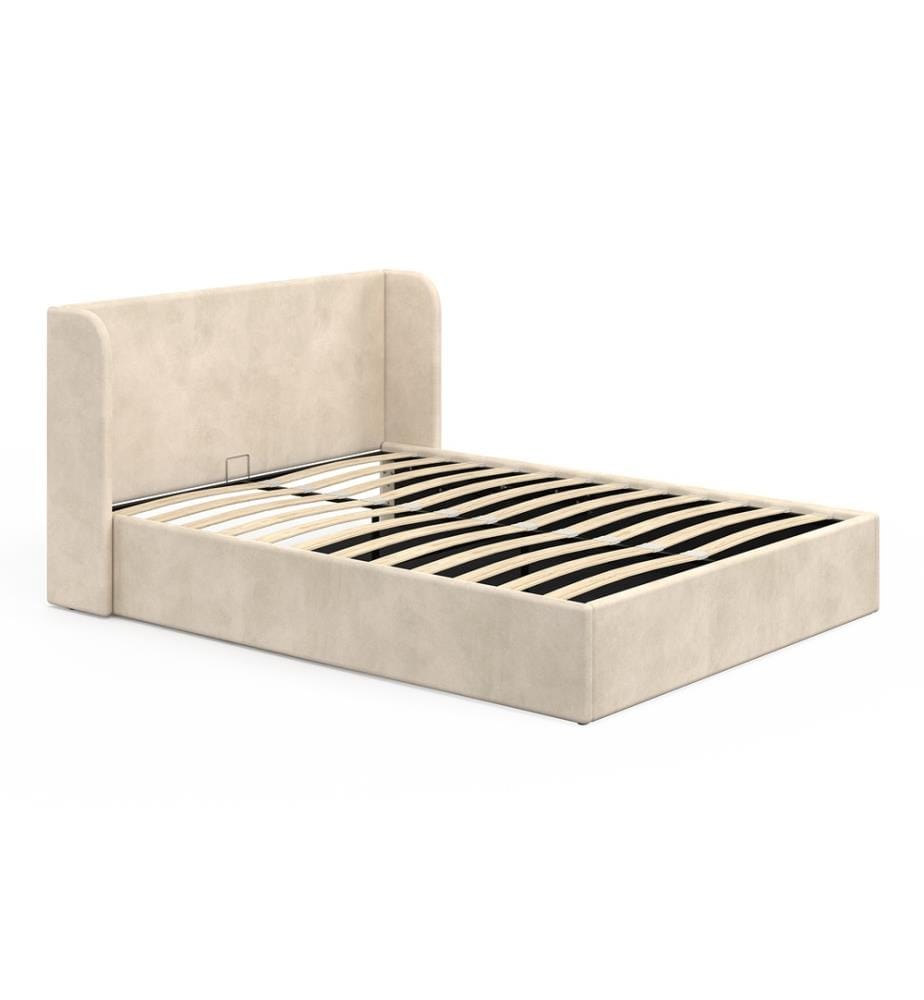 Lit coffre Lucia en velours beige avec sommier et tête de lit 140x190cm