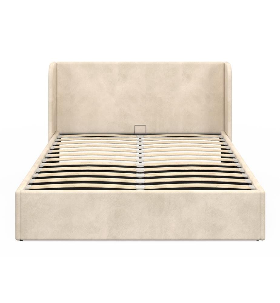 Lit coffre Lucia en velours beige avec sommier et tête de lit 140x190cm