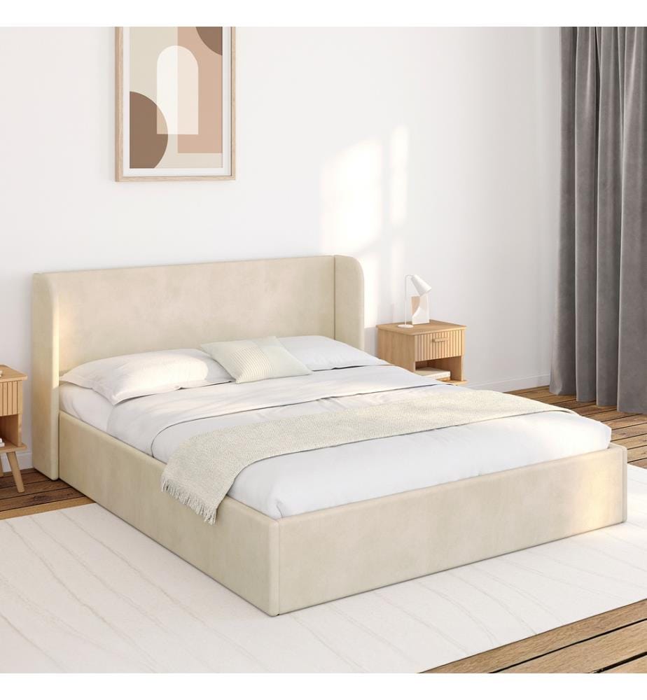 Lit coffre Lucia en velours beige avec sommier et tête de lit 160x200cm