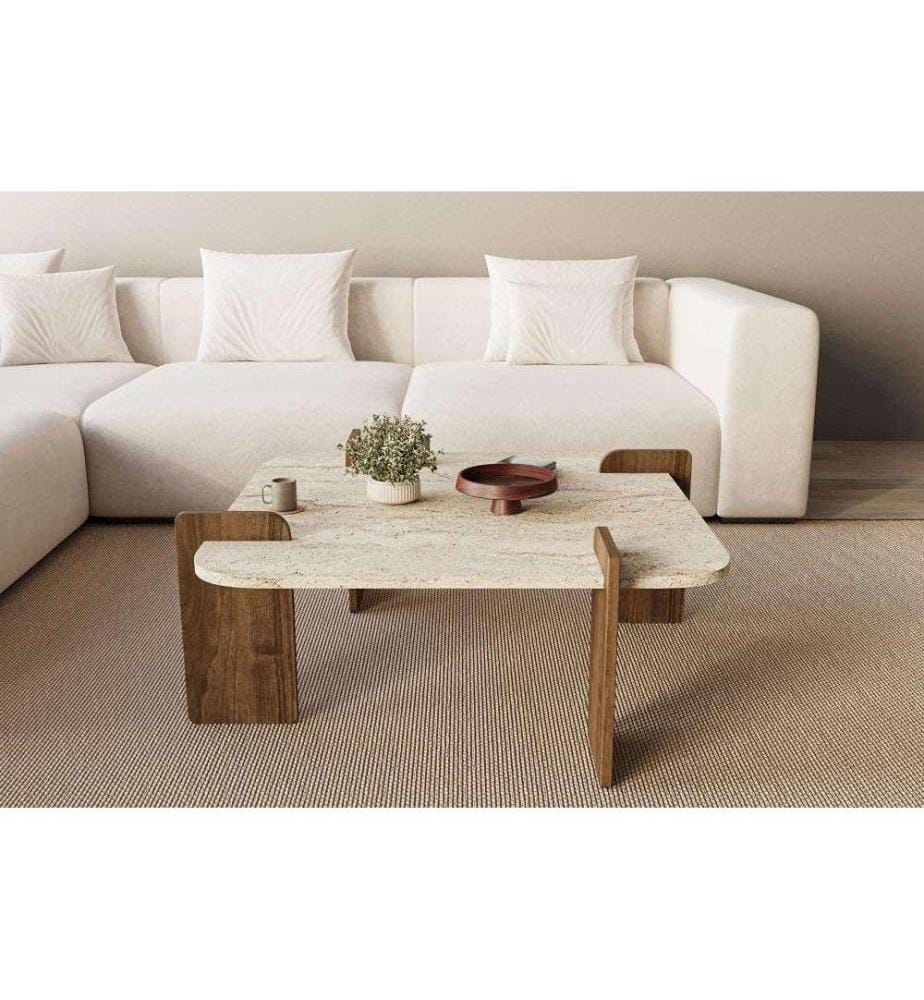 Table basse - Travertin et noyer