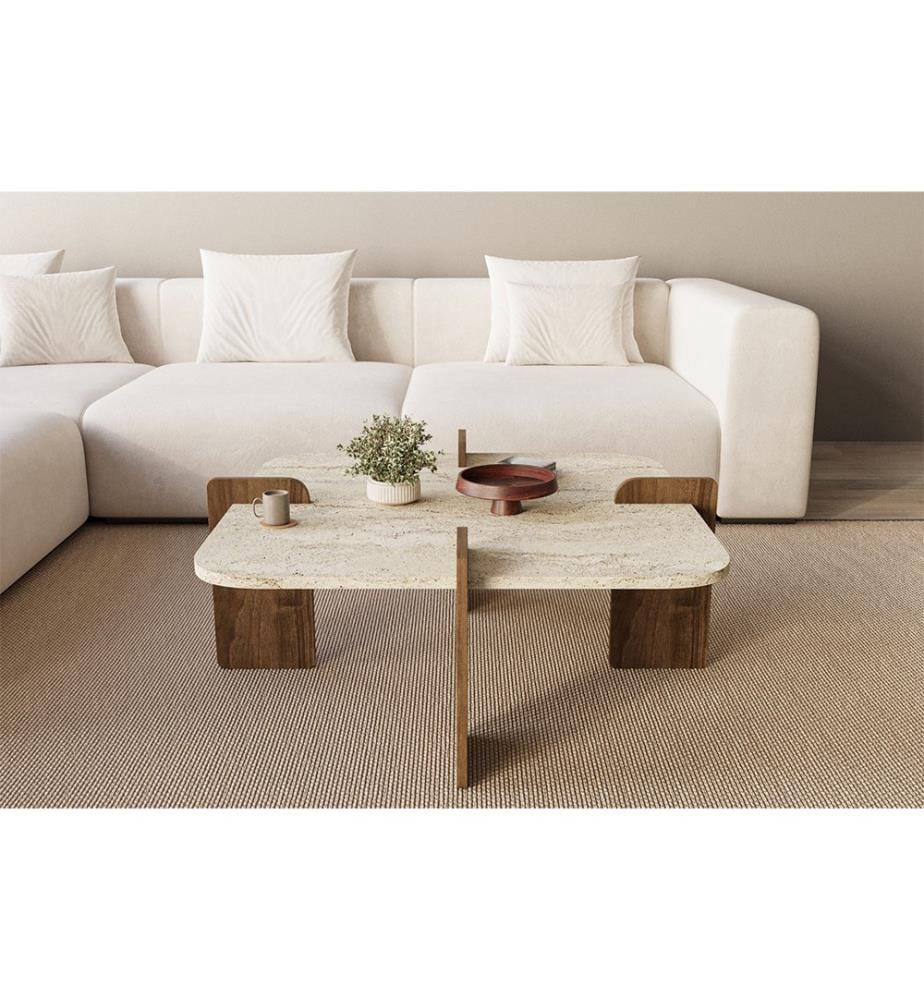 Table basse - Travertin et noyer