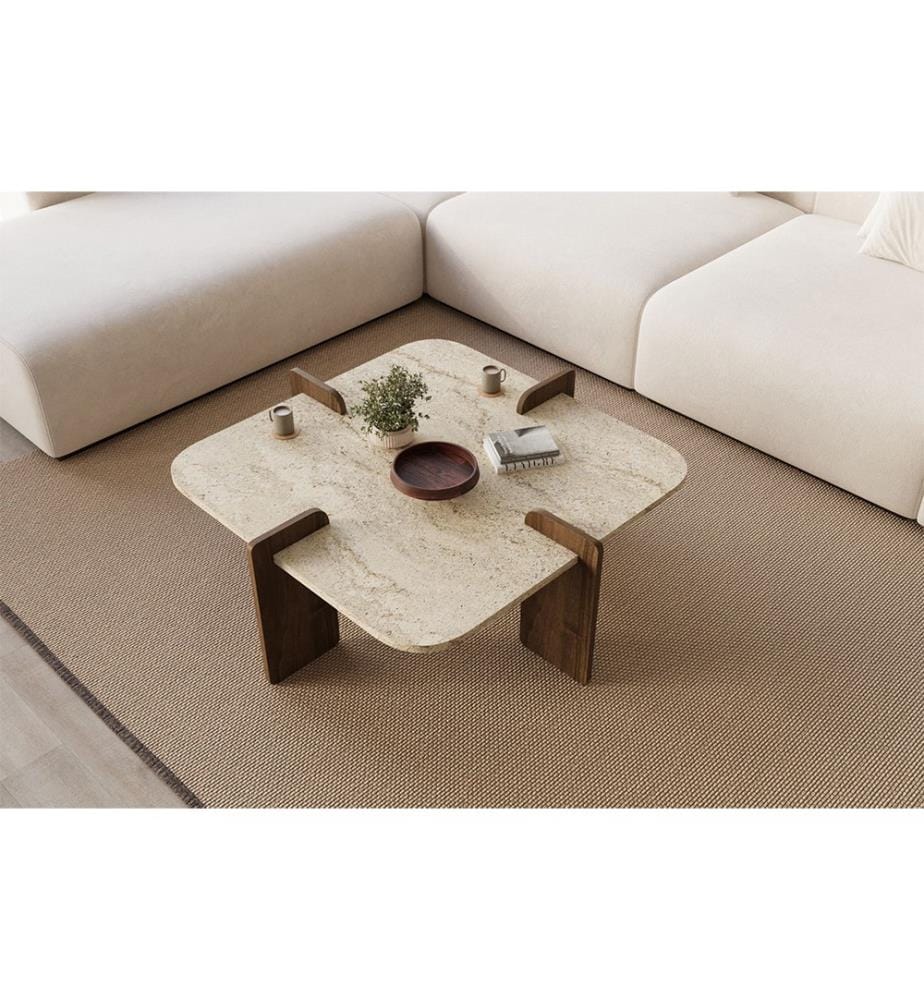 Table basse - Travertin et noyer