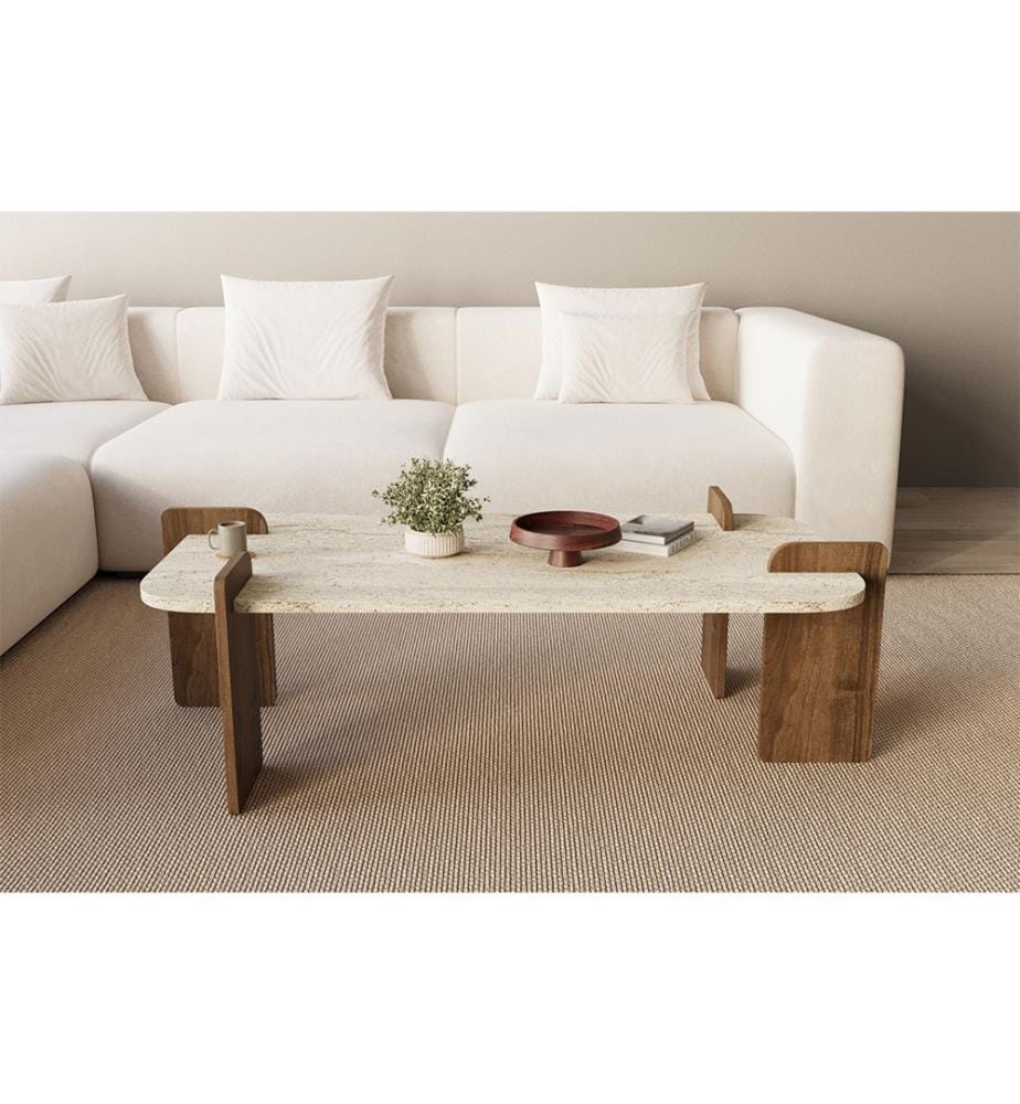 Table basse - Travertin et noyer