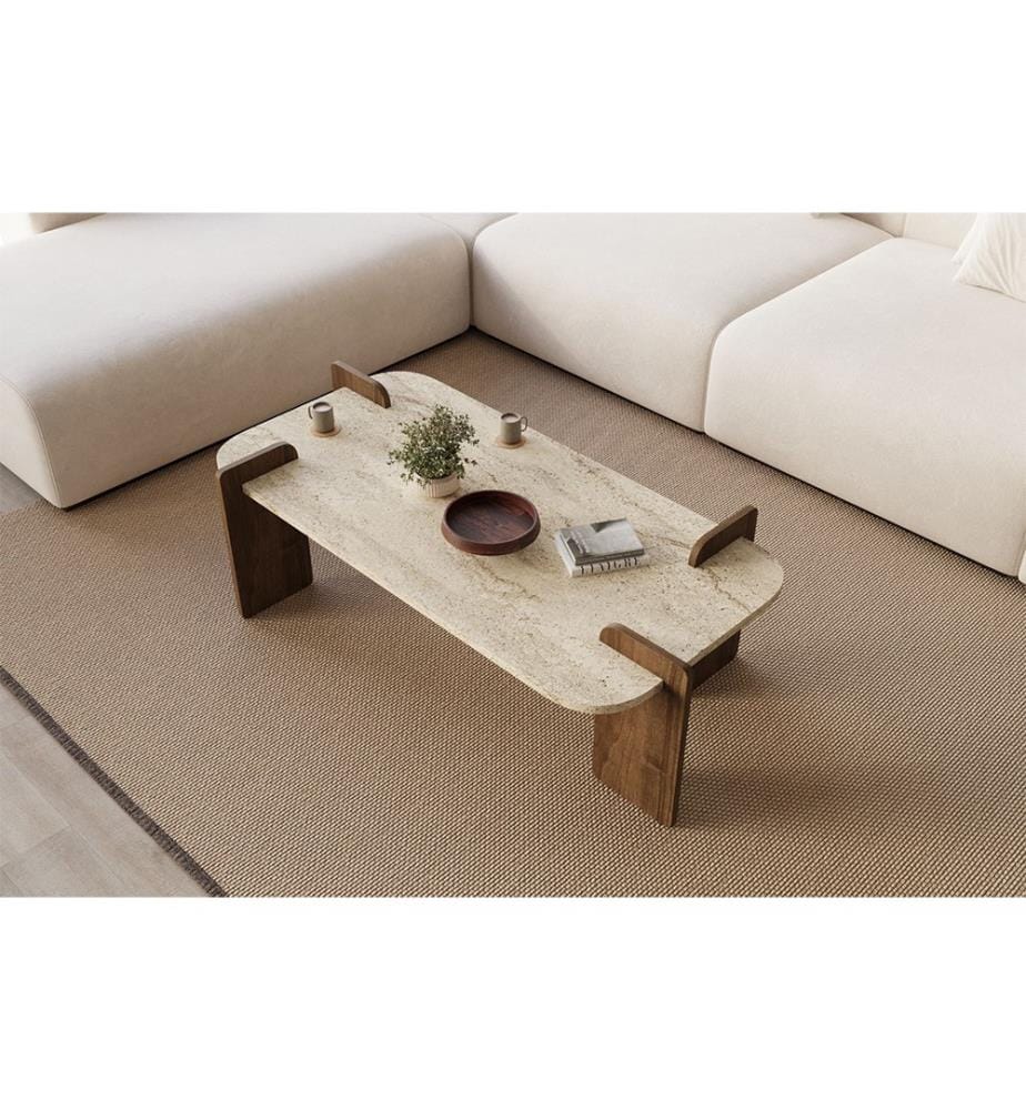 Table basse - Travertin et noyer