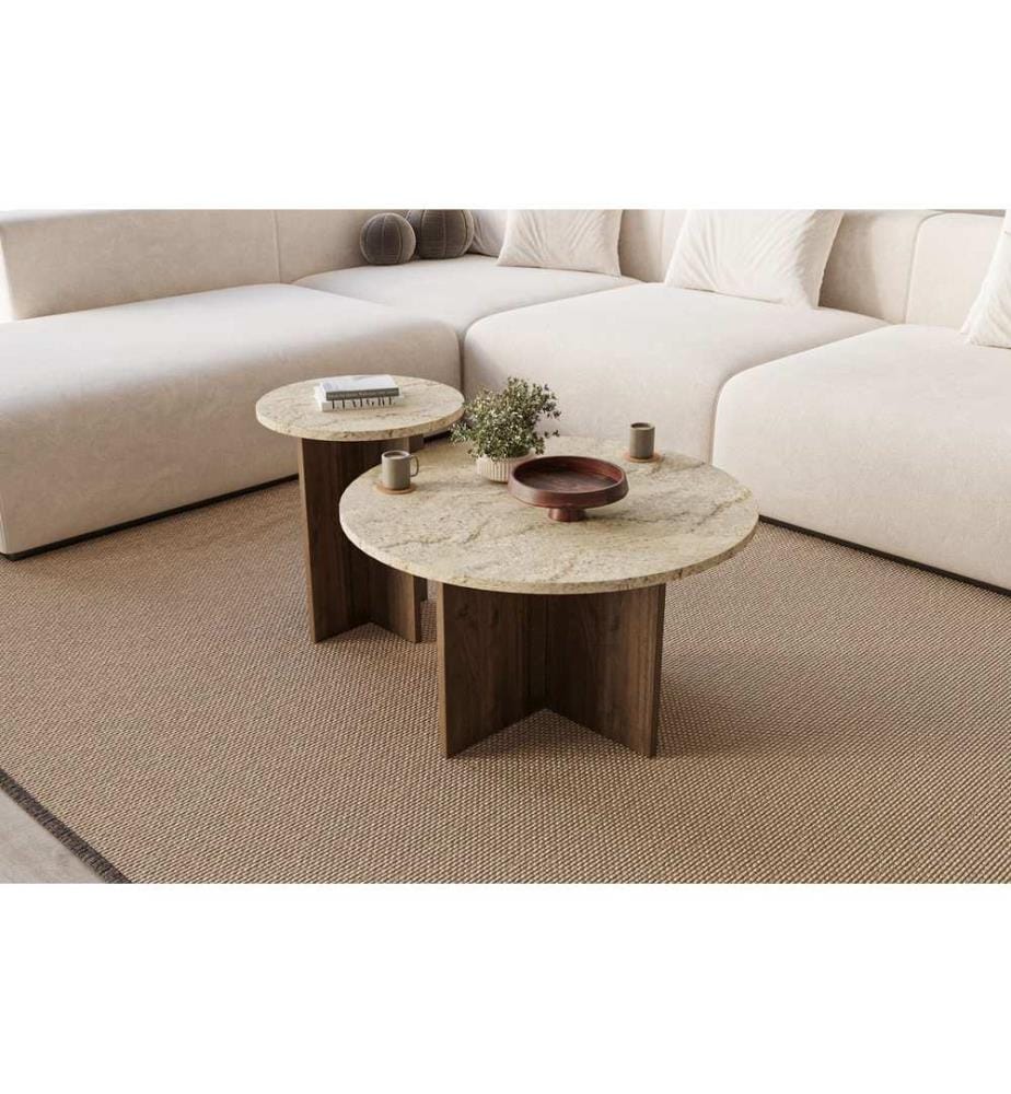 Ensemble de tables basses - Travertin et noyer
