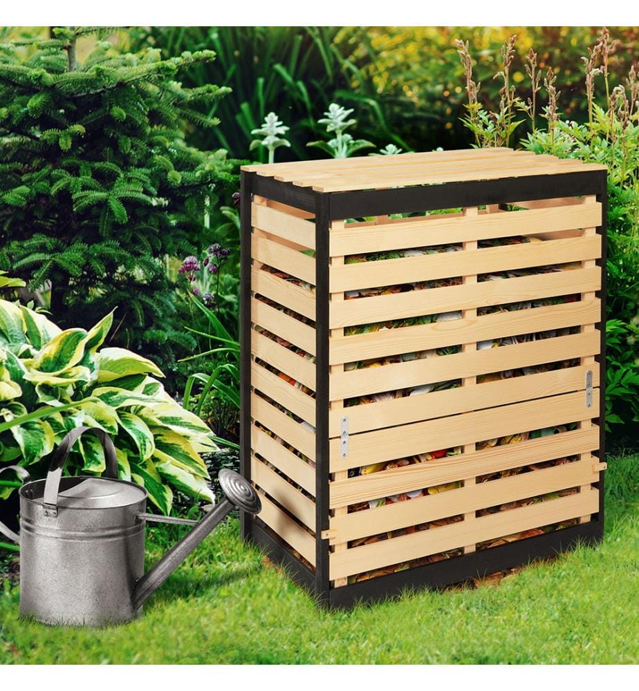 Bidone per compost in legno 360L - Marrone e nero