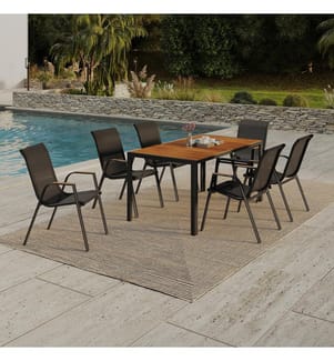 Set da pranzo a 6 posti Timbia in vetro temperato nero e effetto legno