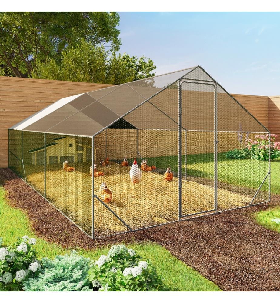 Chicken wire pen 18m², - 3x6m - Grey structure with green wire mesh, black netting and white sunshade