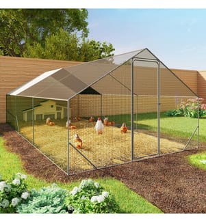 Chicken wire pen 18m², - 3x6m - Grey structure with green wire mesh, black netting and white sunshade
