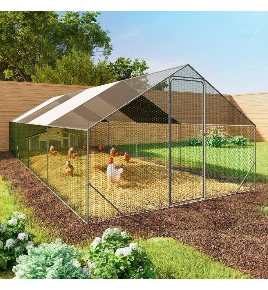 Chicken wire pen 24m², - 3x8m - Grey structure with green wire mesh, black netting and white sunshade