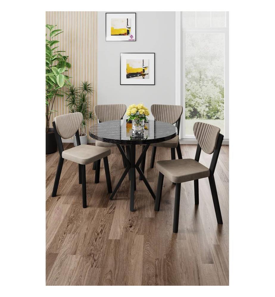 Essgruppe mit Tisch und Stühlen, 5-teilig, 100 % melaminbeschichtete Spanplatte, Schwarzer Marmor, Cappuccino