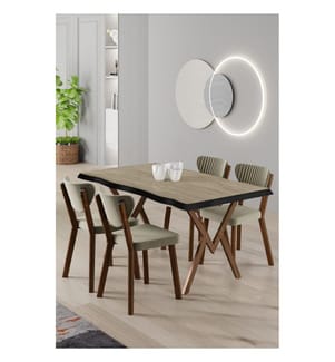 Essgruppe mit Tisch und Stühlen, 5-teilig, 100 % MDF, Travertin, Creme