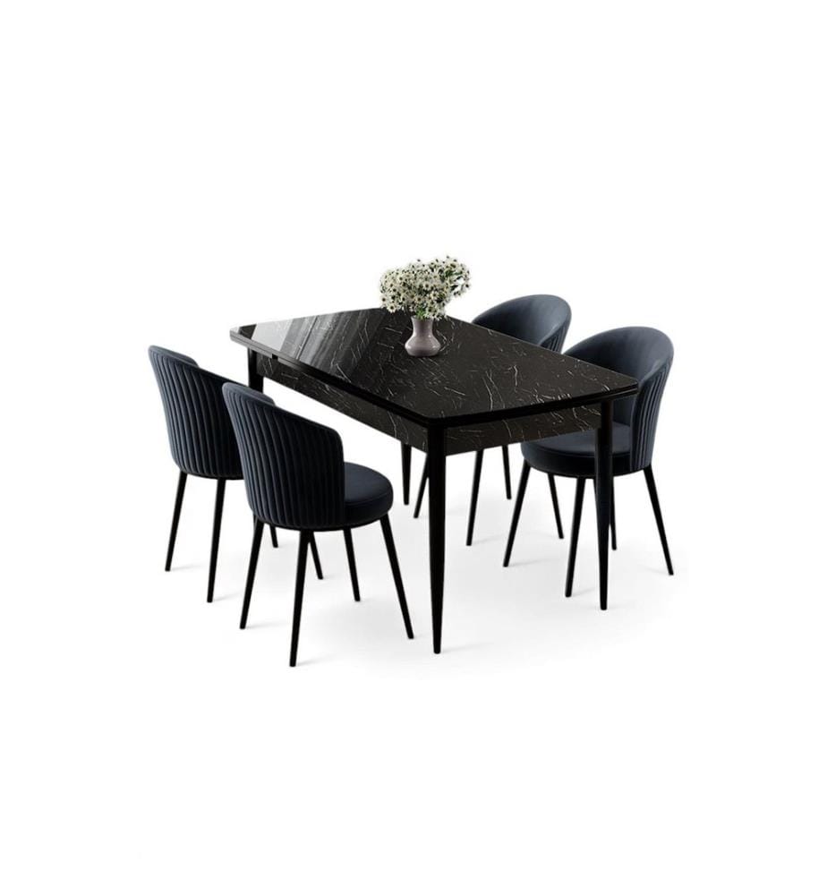 Ausziehbarer Esstisch mit Stühlen, 5-teilig, 100 % MDF, Schwarzer Marmor, Anthrazit