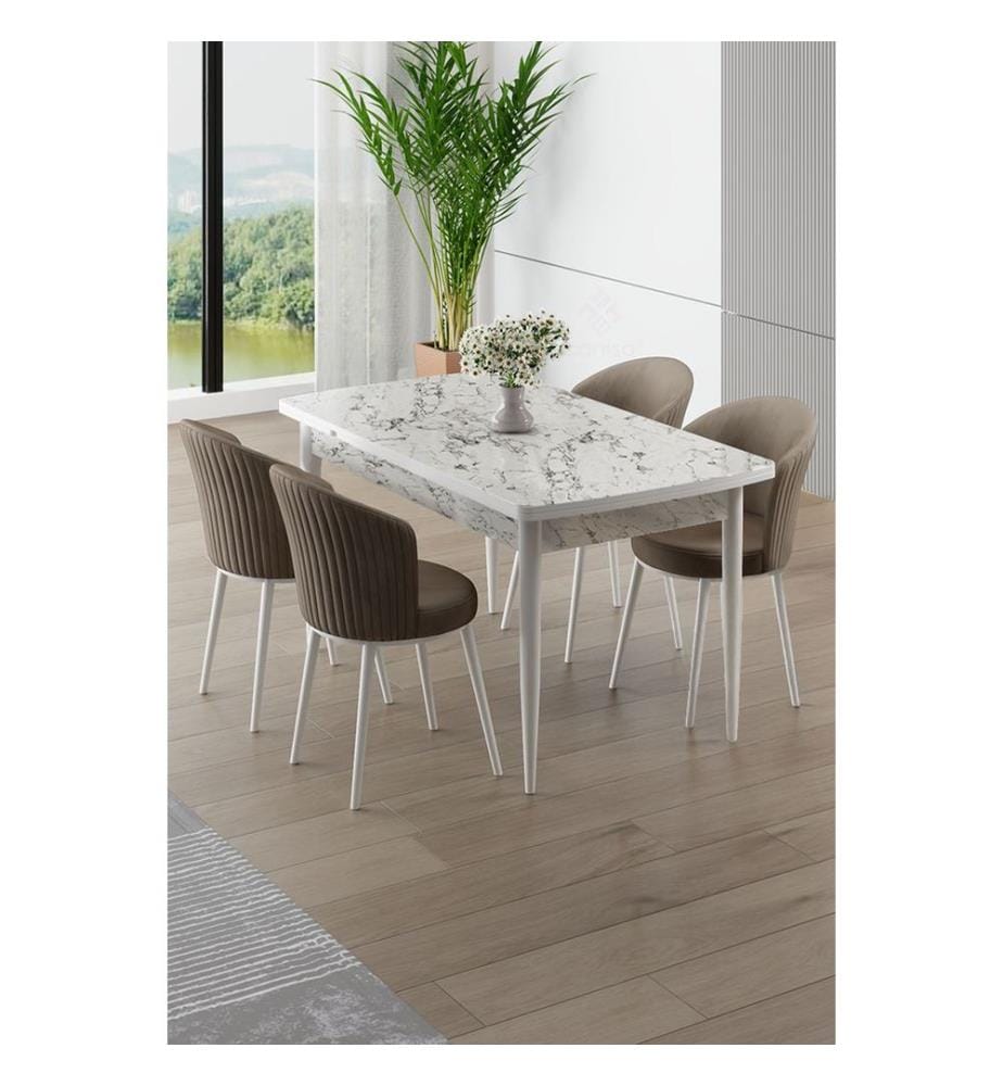 Ensemble table et chaises extensibles, 5 pièces, 100 % MDF, marbre blanc, cappuccino