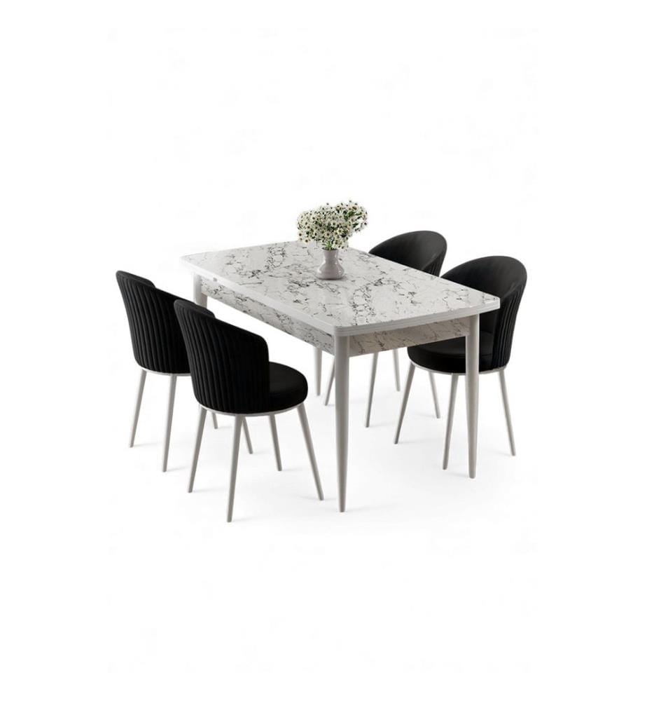 Ensemble table et chaises de salle à manger extensibles, 5 pièces, 100 % MDF, marbre blanc, noir