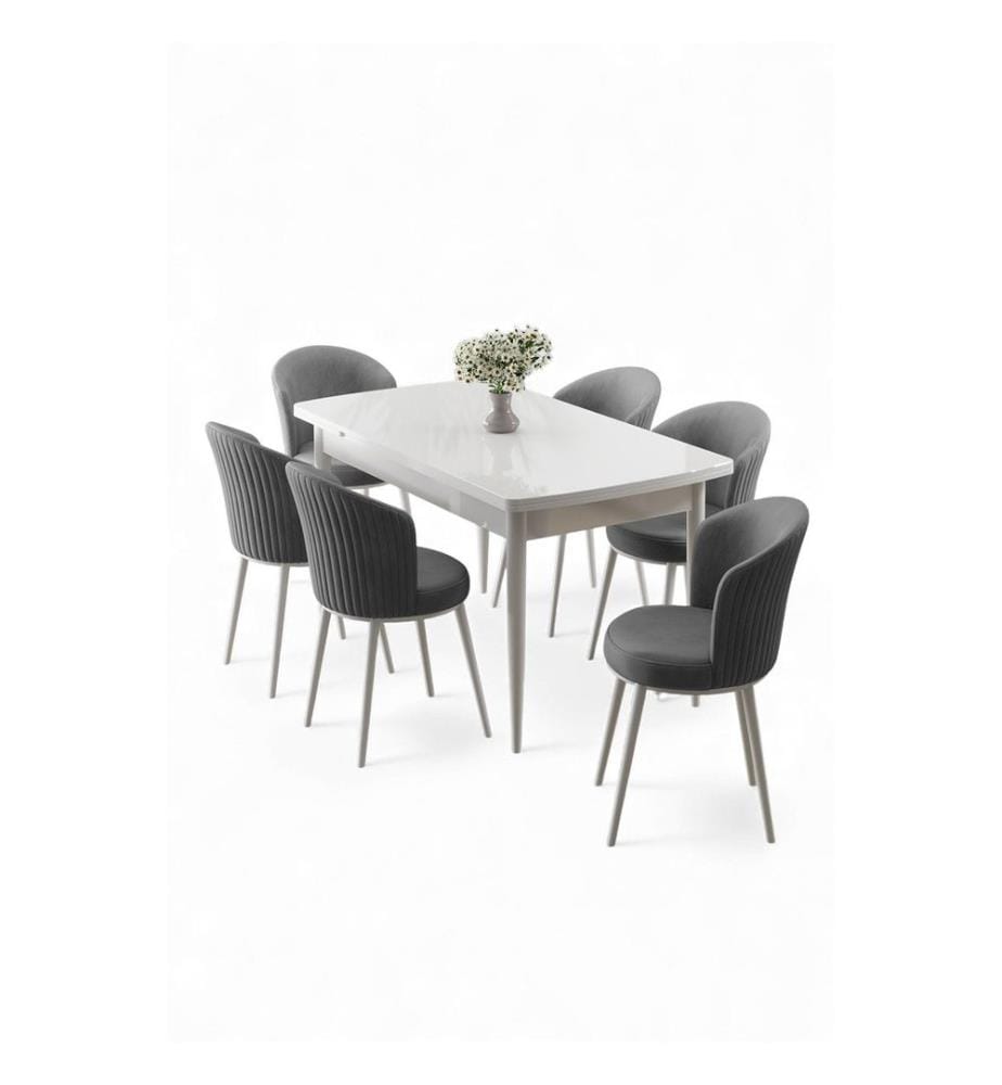 Ausziehbarer Esstisch mit Stühlen, 7-teilig, 100 % MDF, Weiss, Grau