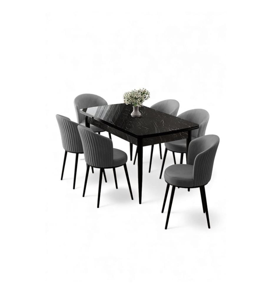 Ensemble table et chaises extensibles, 7 pièces, 100 % MDF, marbre noir, gris