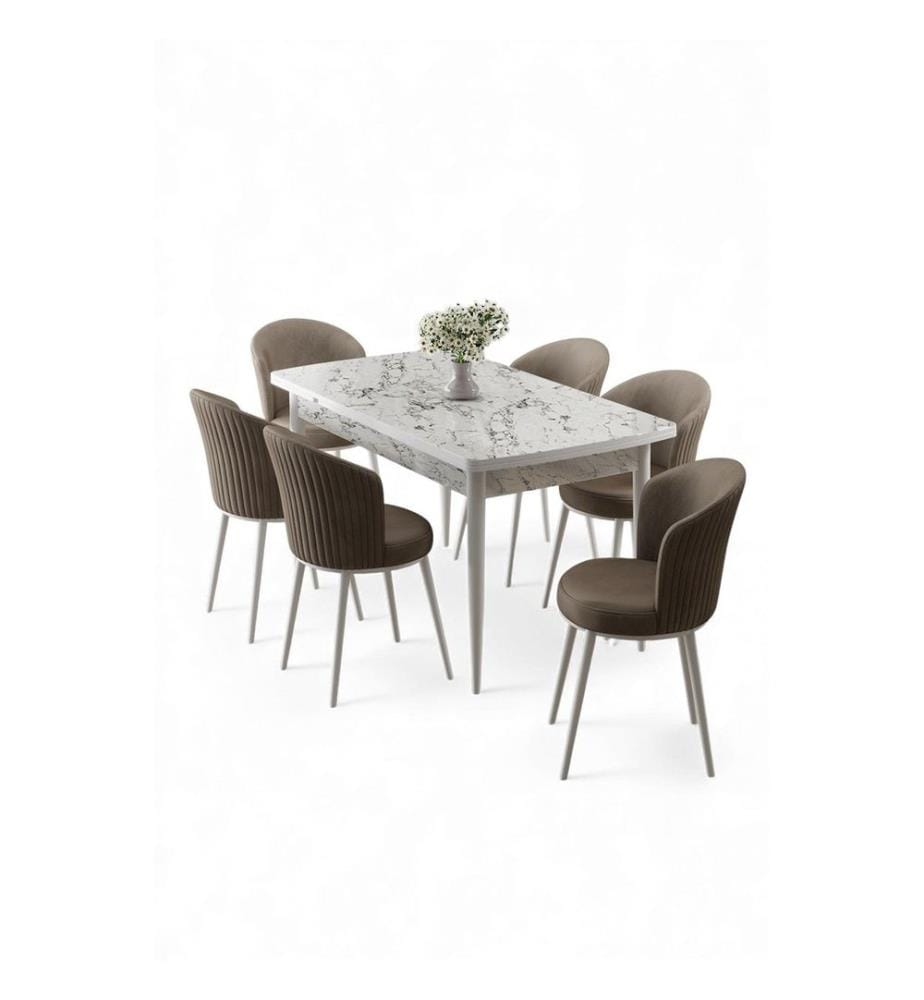 Ausziehbarer Esstisch mit Stühlen, 7-teilig, 100 % MDF, Weisser Marmor, Cappuccino