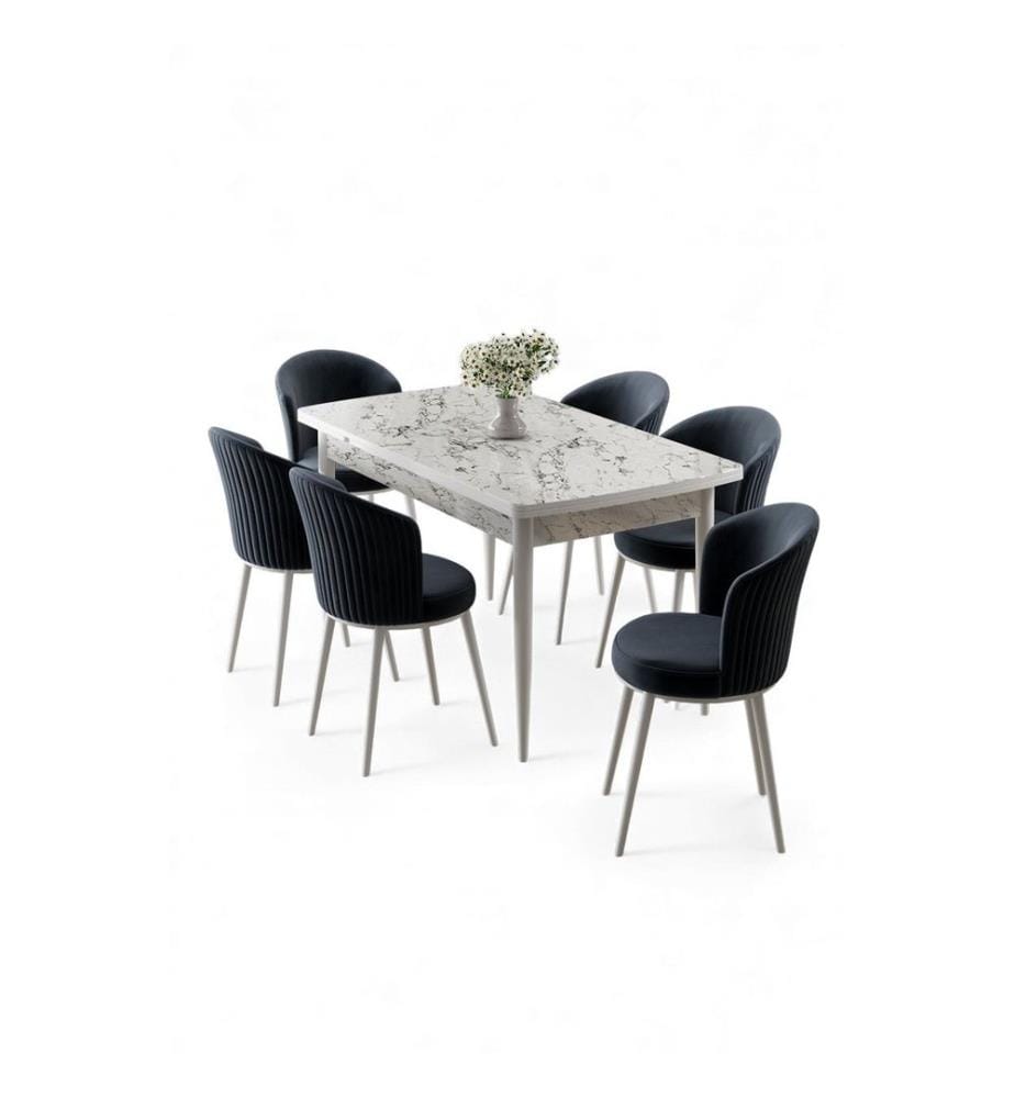 Ensemble table et chaises extensibles, 7 pièces, 100 % MDF, BEYAZ MERMER, ANTRASIT