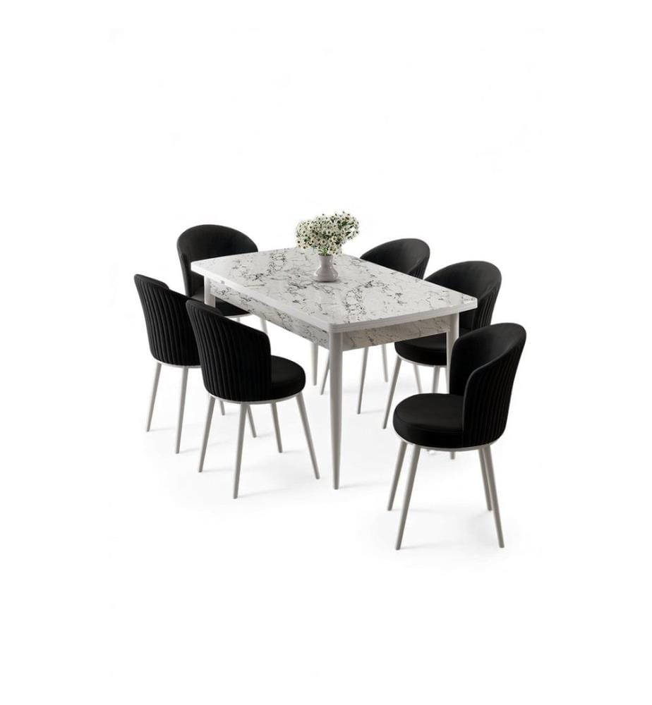 Ensemble table et chaises de salle à manger extensibles, 7 pièces, 100 % MDF, marbre blanc, noir