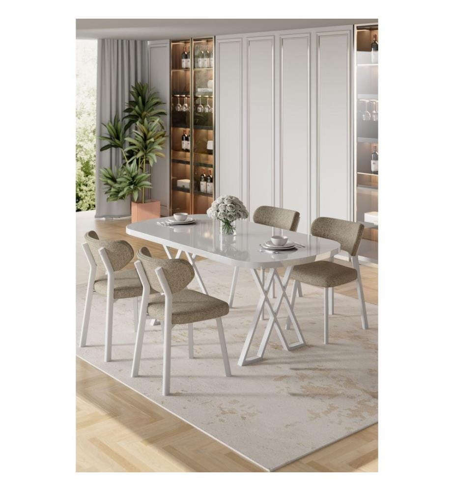 Essgruppe mit Tisch und Stühlen, 5-teilig, 100 % MDF, Weiss, Cappuccino