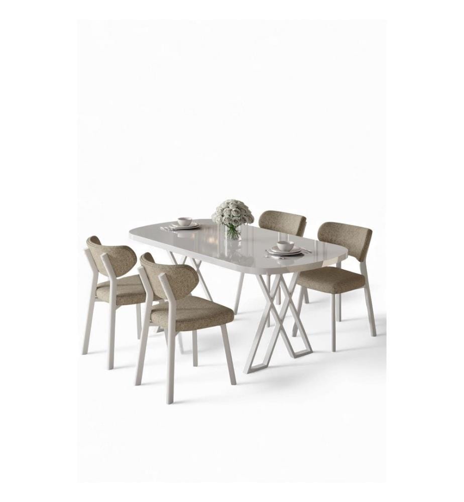 Essgruppe mit Tisch und Stühlen, 5-teilig, 100 % MDF, Weiss, Cappuccino