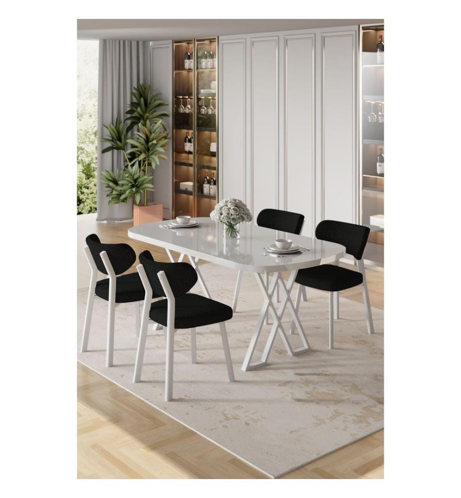 Essgruppe mit Tisch und Stühlen, 5-teilig, 100 % MDF, Weiss, Schwarz