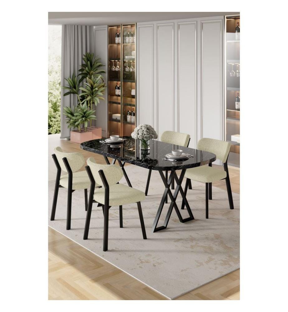 Ensemble table et chaises de salle à manger, 5 pièces, 100 % MDF, marbre noir, crème