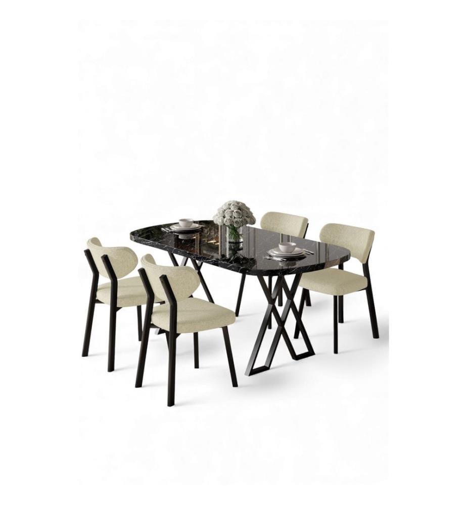 Ensemble table et chaises de salle à manger, 5 pièces, 100 % MDF, marbre noir, crème