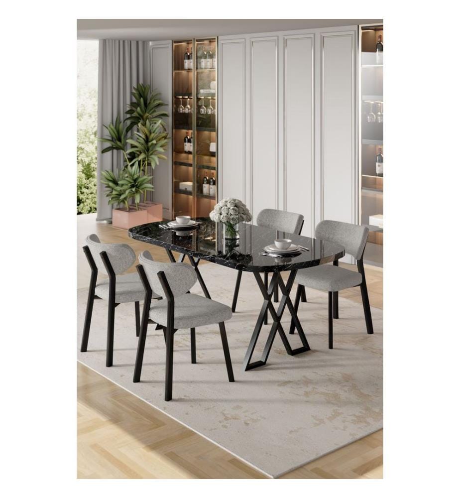 Ensemble table et chaises de salle à manger, 5 pièces, 100 % MDF, marbre noir, gris
