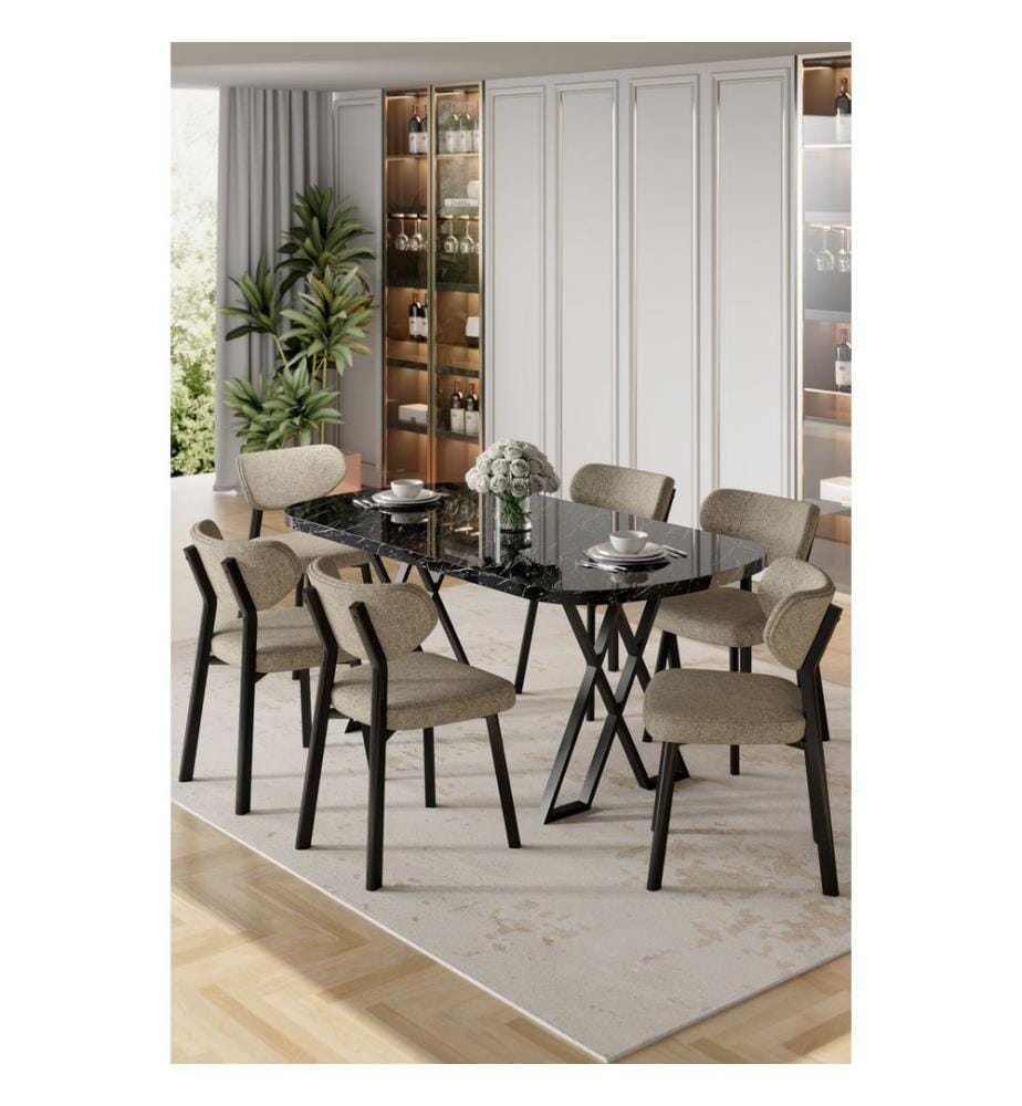 Ensemble table et chaises de salle à manger, 7 pièces, 100 % MDF, marbre noir, cappuccino