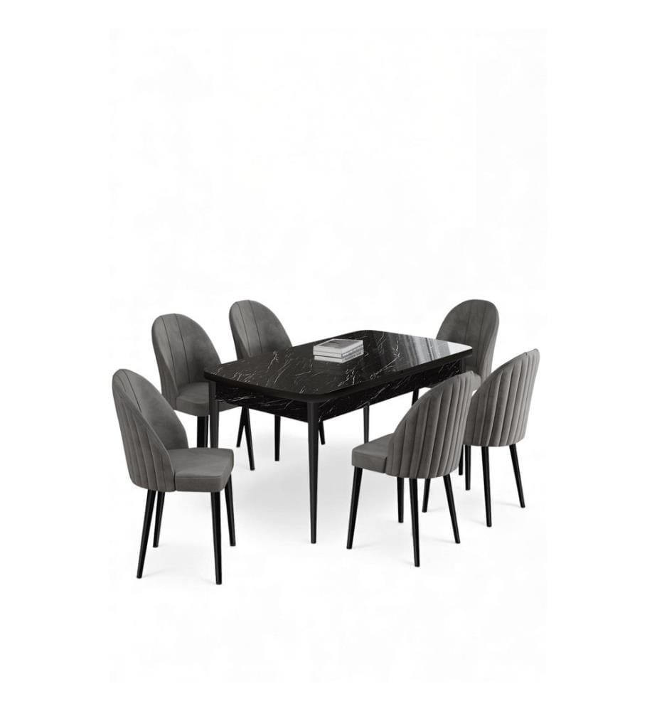 Ensemble table et chaises extensibles, 7 pièces, panneaux de particules mélaminés, marbre noir et gris